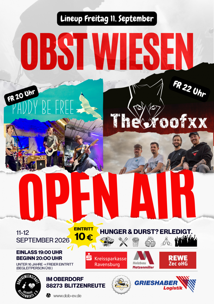Flyer Freitag12.09.2026, Bands: PADDY BE FREE und The roofxx, Eintritt 10€, Verpflegung