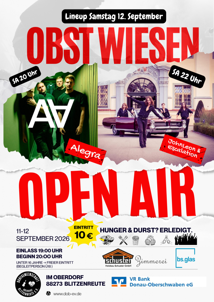 Flyer Samstag 12.09.2026, Bands: Alegra und JohnLeon&Escalation, Eintritt 10€, Verpflegung
